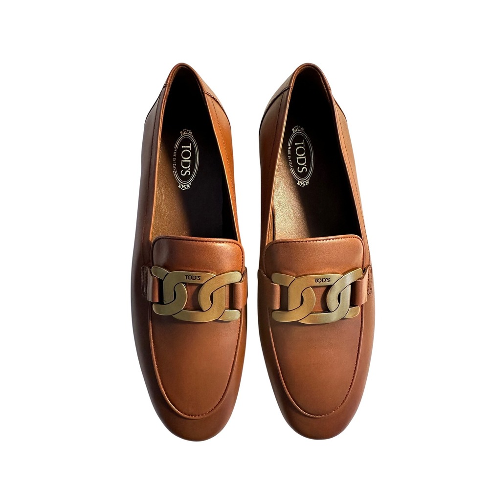 Tod's Kate Leather Loafers Size 39 Brown Calfskin Gold Chain Link Buckle NWOB